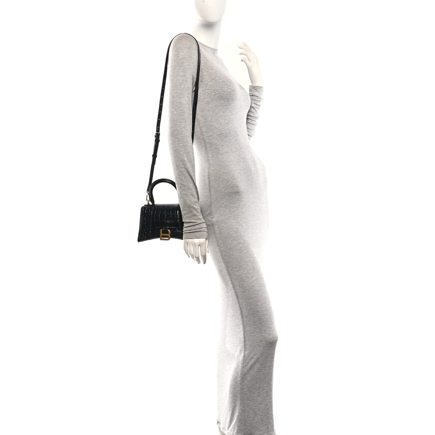 Shiny Calfskin Crocodile Embossed Hourglass Top Handle Bag XS Black