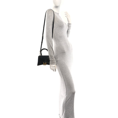 Balenciaga Shiny Calfskin Crocodile Embossed Hourglass Top Handle Bag XS Black 2 of 11