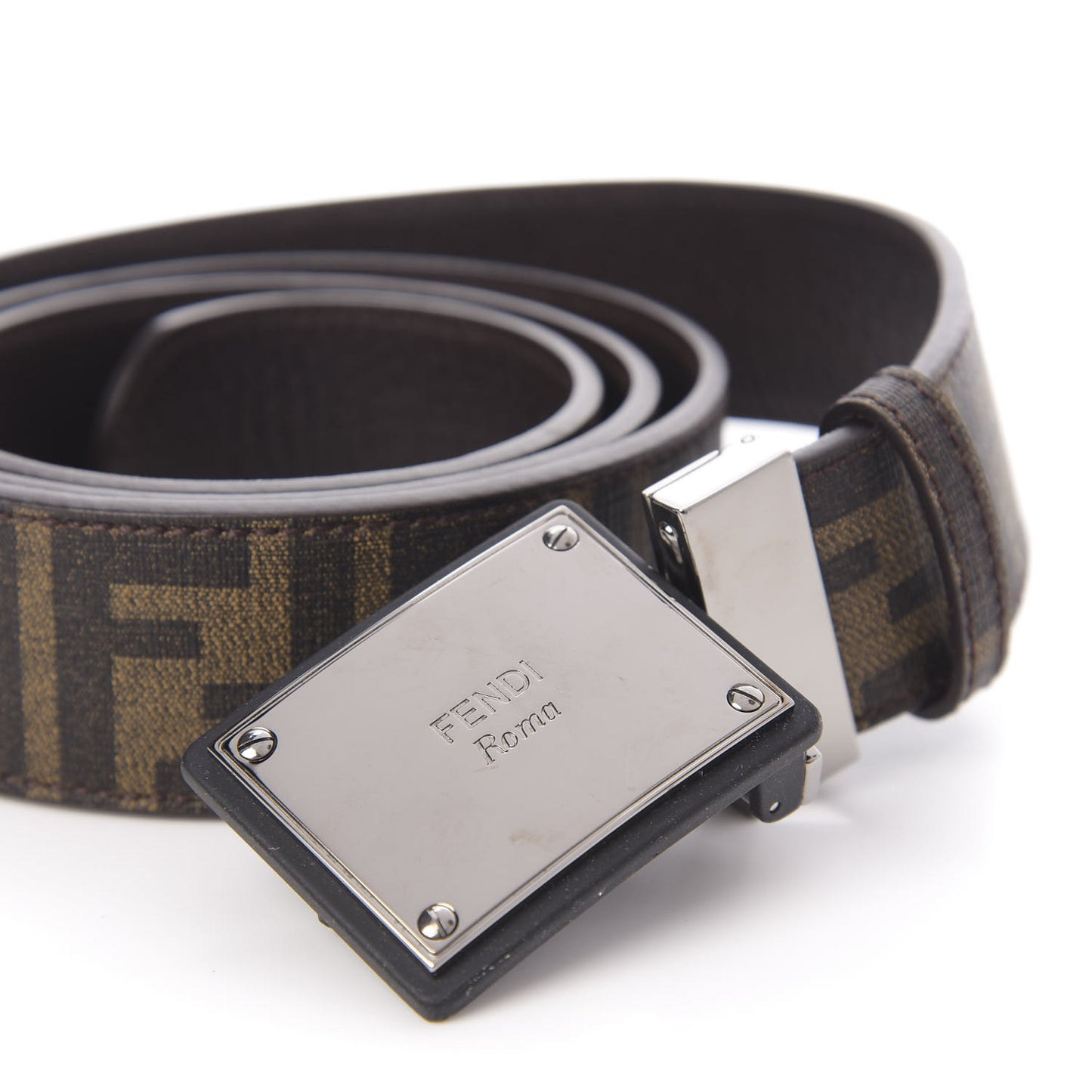 Glazed Fabric Calfskin FF 1974 Reversible Plaque Belt Mogano Panna