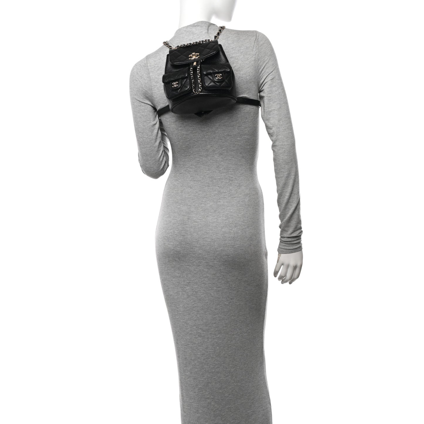 Shiny Caviar Quilted Small Duma Pockets Drawstring Backpack Black