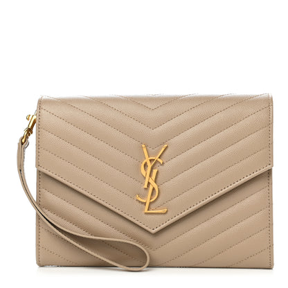 Saint Laurent Grain De Poudre Matelasse Chevron Monogram Envelope Clutch Dark Beige 1 of 7