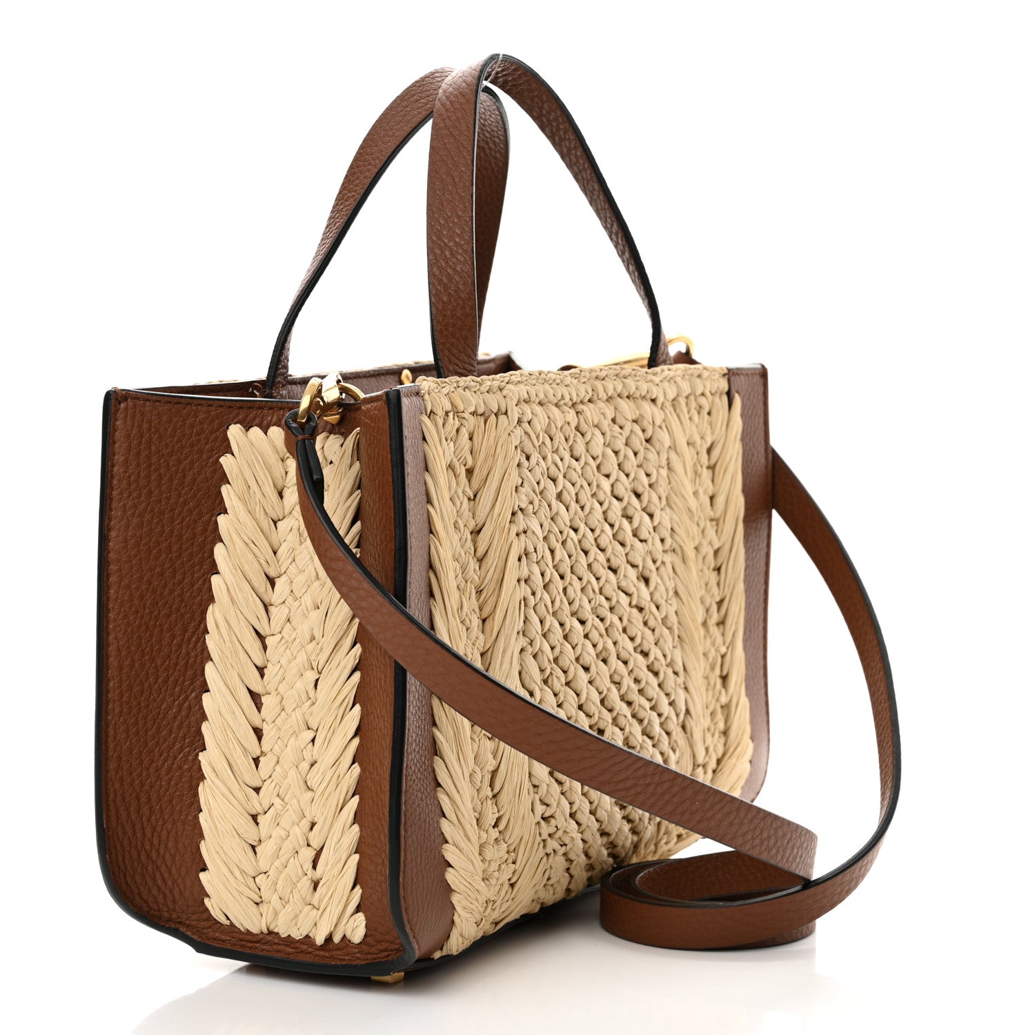 Valentino Garavani Raffia Calfskin Small Vlogo Signature Tote Natural Saddle Brown 3 of 11
