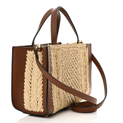 Valentino Garavani Raffia Calfskin Small Vlogo Signature Tote Natural Saddle Brown 3 of 11