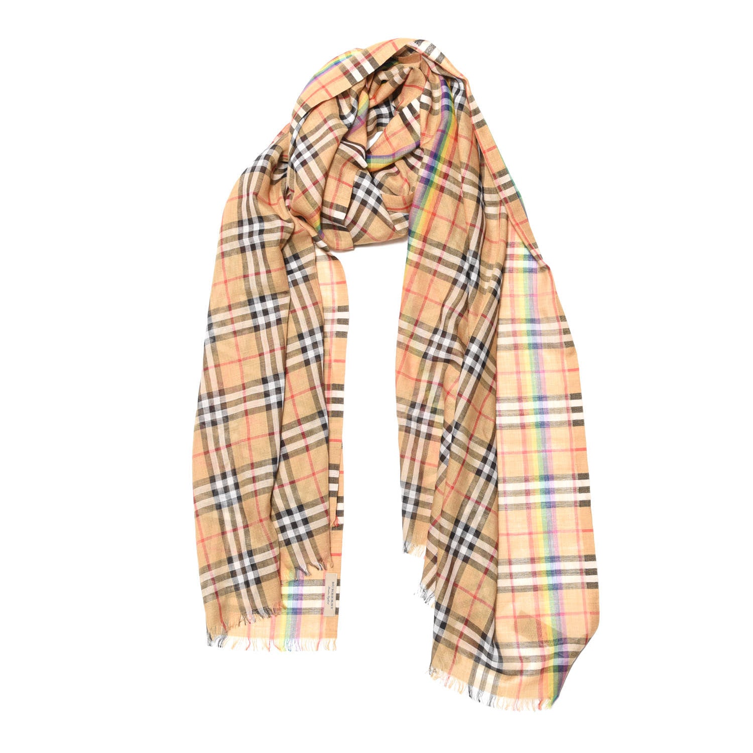 Burberry Wool Silk Vintage Rainbow Check Fringe Scarf Antique Yellow 1 of 4