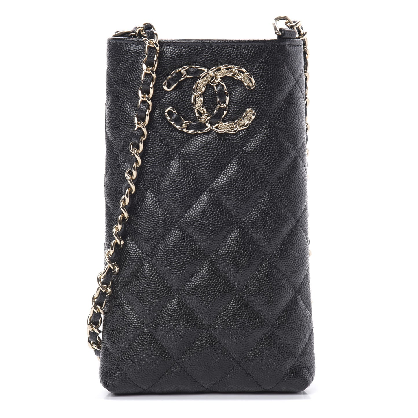 Caviar Quilted French New Wave Phone Holder With Chain Black
