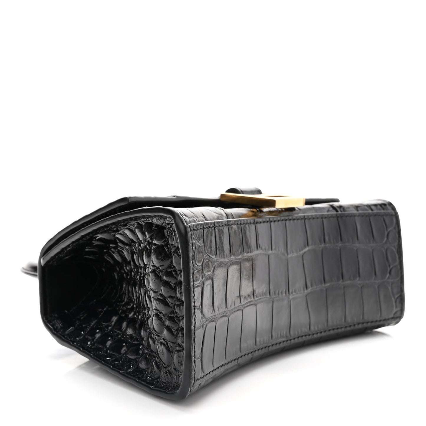 Shiny Calfskin Crocodile Embossed Hourglass Top Handle Bag XS Black