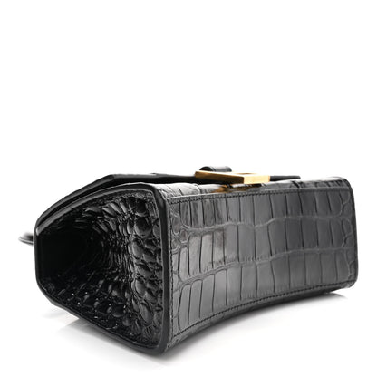 Balenciaga Shiny Calfskin Crocodile Embossed Hourglass Top Handle Bag XS Black 4 of 9