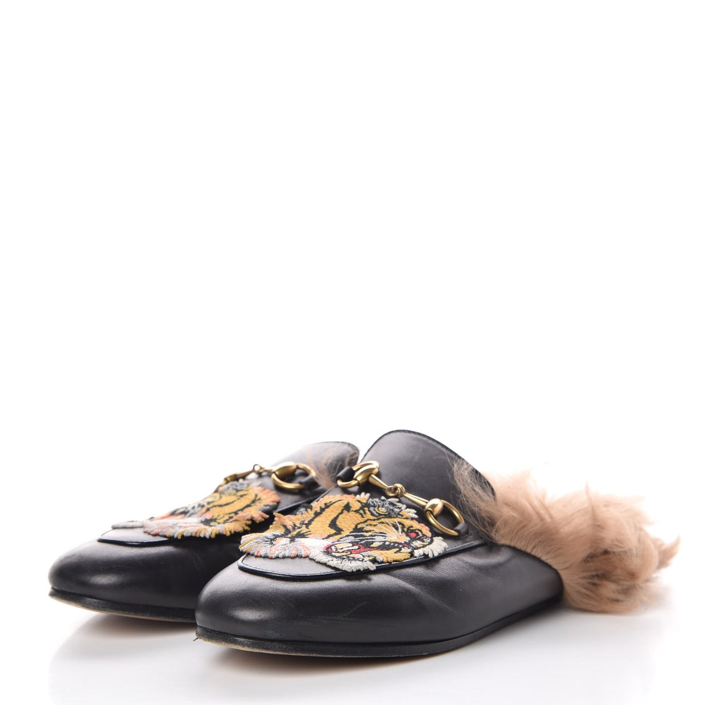 Calfskin Fur Tiger Embroidered Womens Princetown Slippers 36 Black