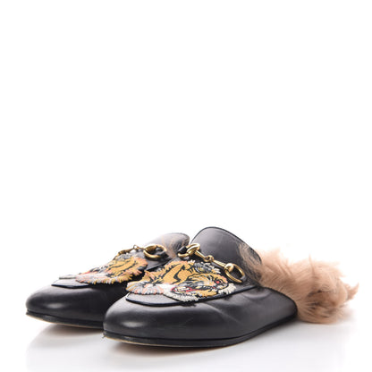 Gucci Calfskin Fur Tiger Embroidered Womens Princetown Slippers 36 Black 3 of 16