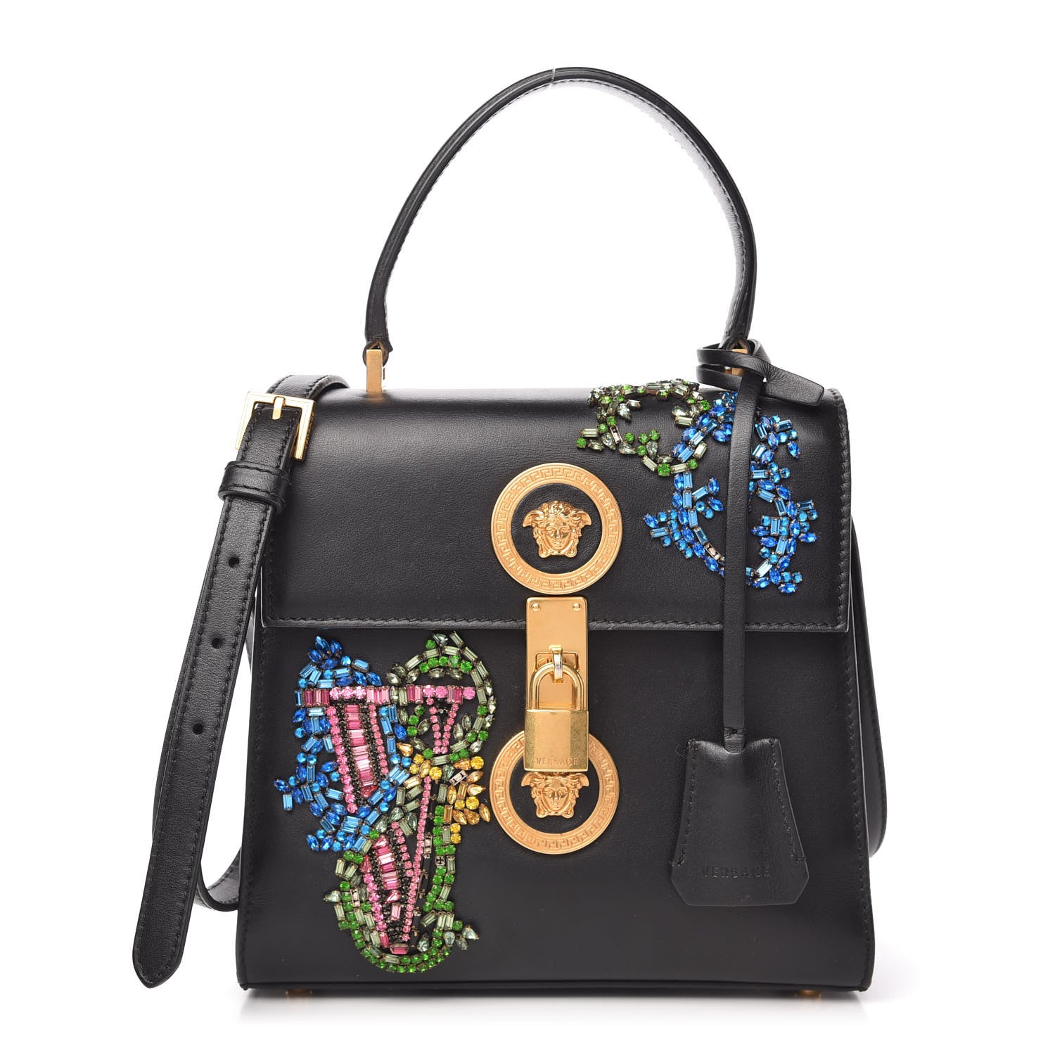 Versace Nappa Crystal Embroidered Alphabet Icon Flap Black 1 of 9