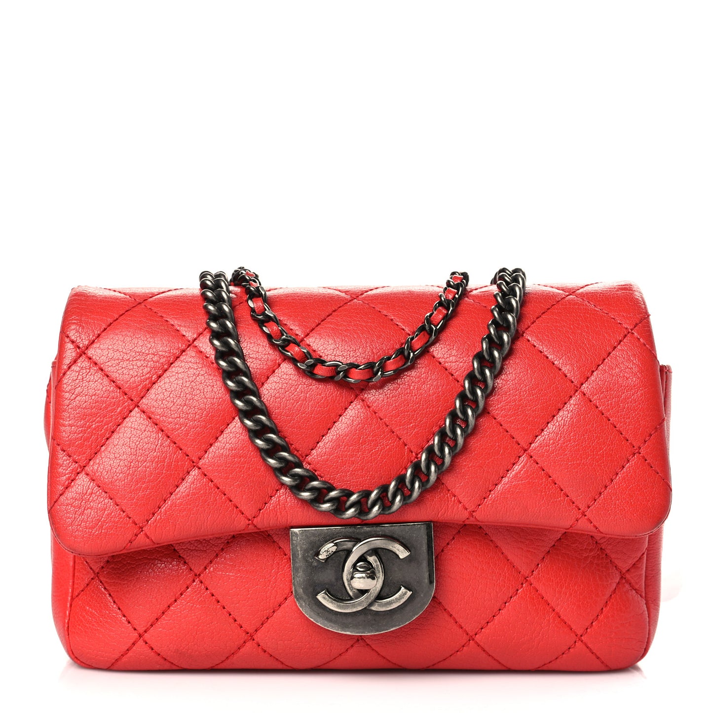 Shiny Goatskin Quilted Small Double Carry Waist Chain Flap Red