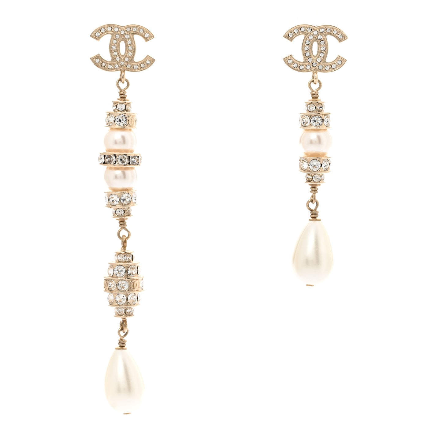 Crystal Pearl CC Uneven Drop Earrings Gold