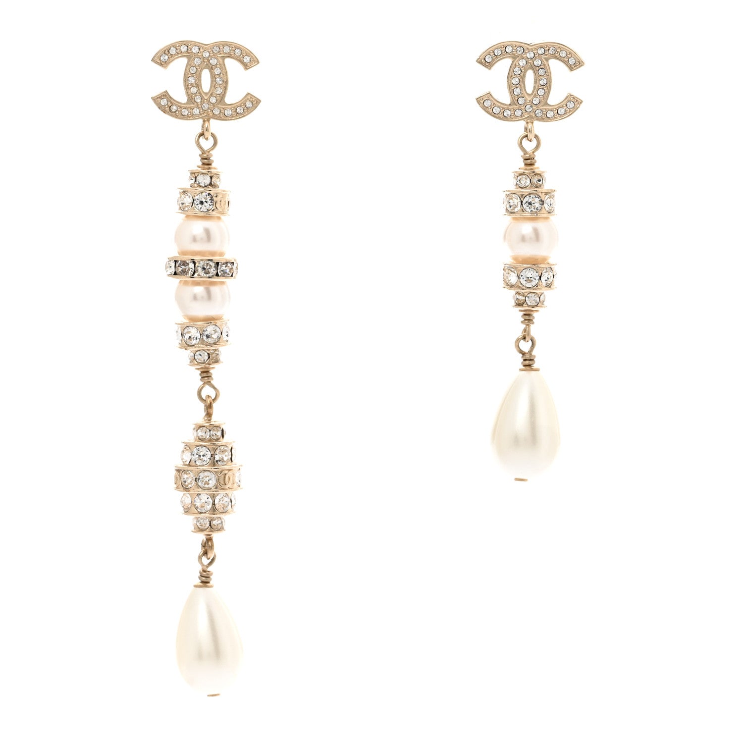 Chanel Crystal Pearl CC Uneven Drop Earrings Gold 1 of 5