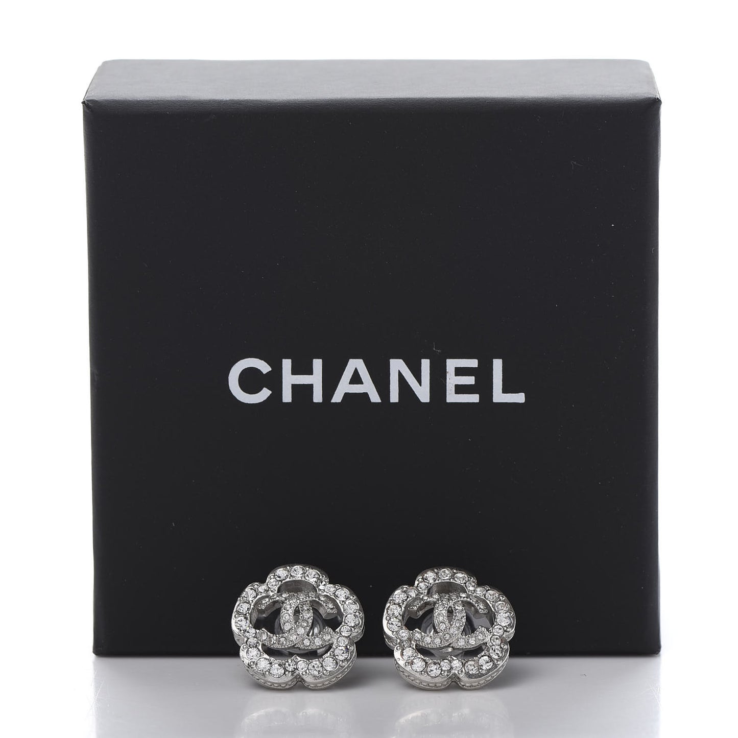 Crystal Coco Flapper Camellia CC Stud Earrings Silver