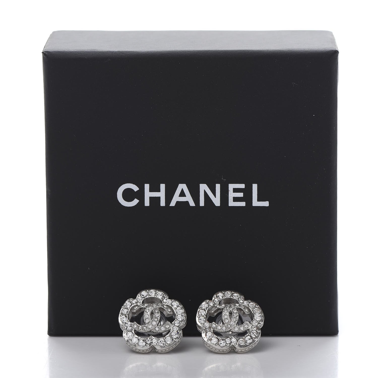 Chanel Crystal Coco Flapper Camellia CC Stud Earrings Silver 5 of 5