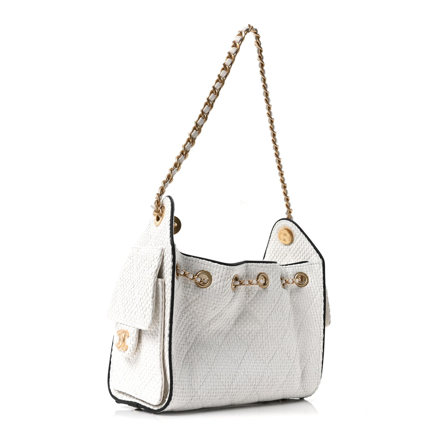 Braided Raffia Calfskin Mini Chanel 25 Handbag White Black