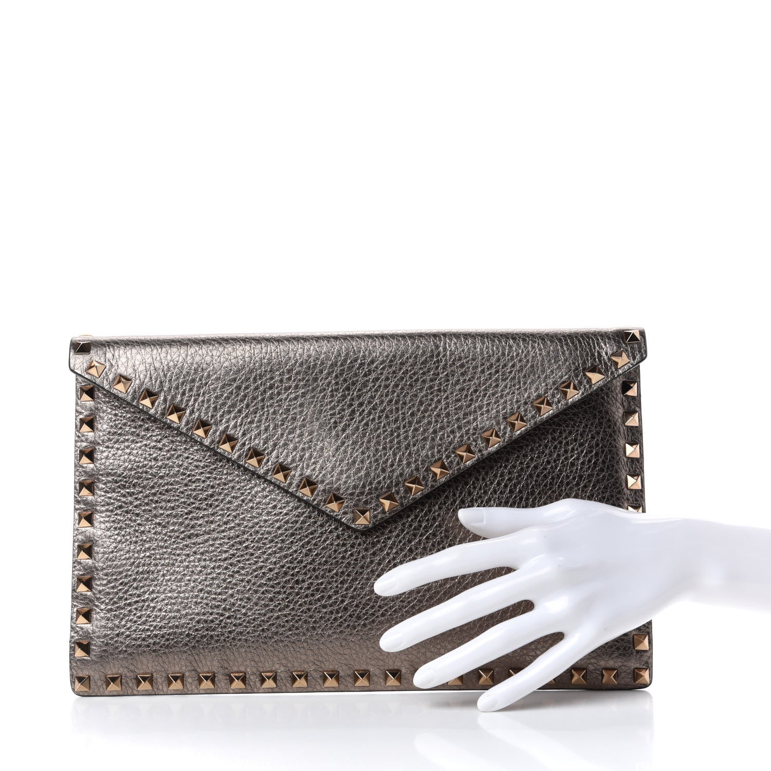 Valentino Garavani Metallic Pebbled Calfskin Large Rockstud Envelope Clutch Sasso 2 of 7