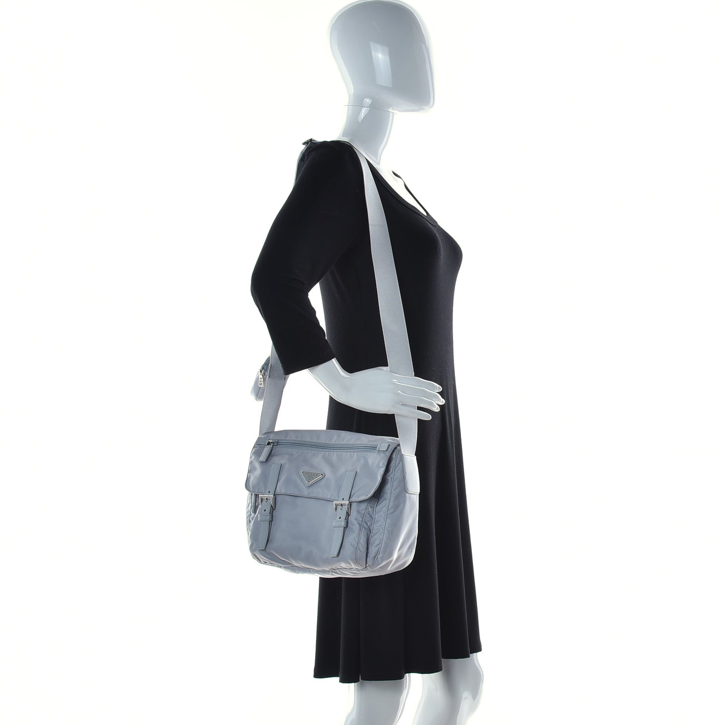 Re-Nylon Vela Saffiano Pocket Double Buckle Messenger Shoulder Bag Fiordaliso