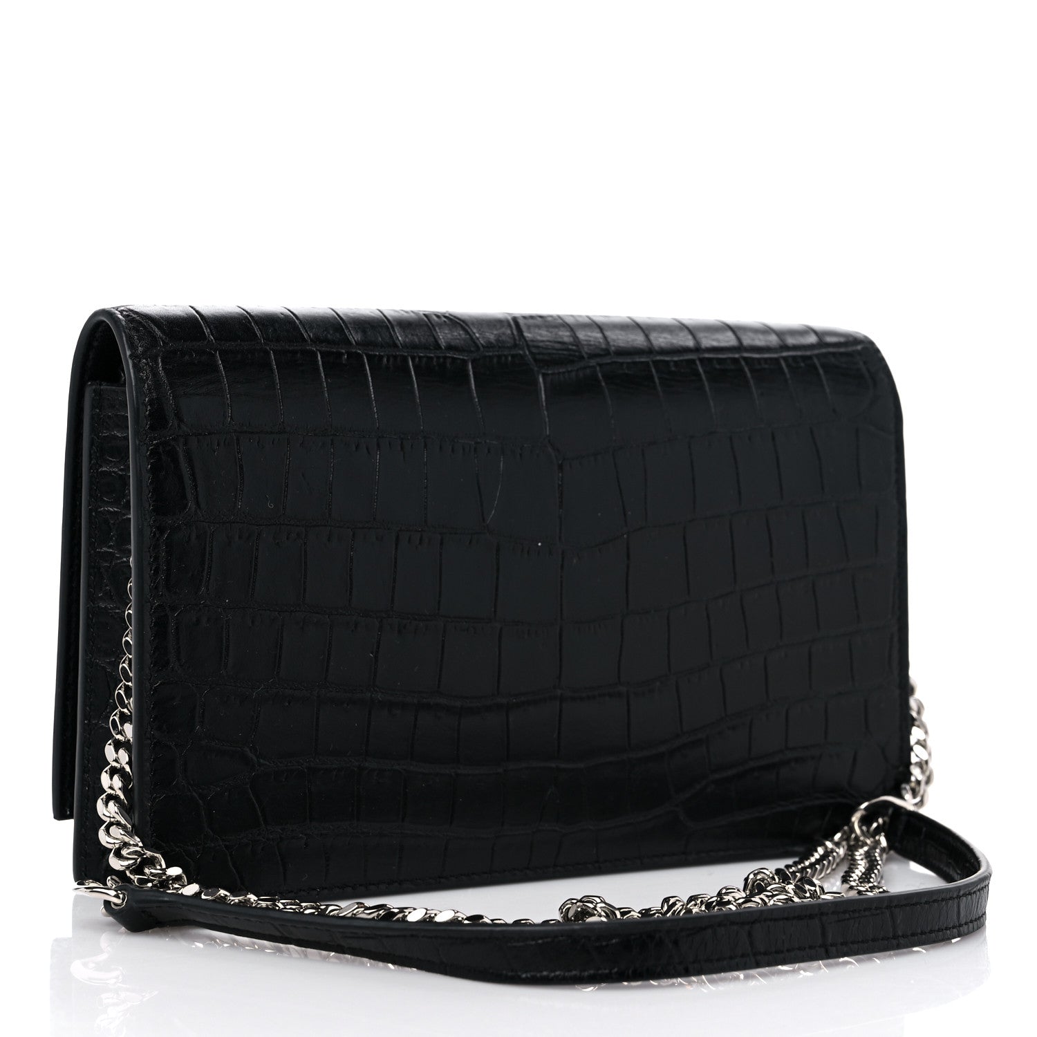 Saint Laurent Calfskin Crocodile Embossed Kate Monogram Tassel Chain Wallet Black 3 of 8