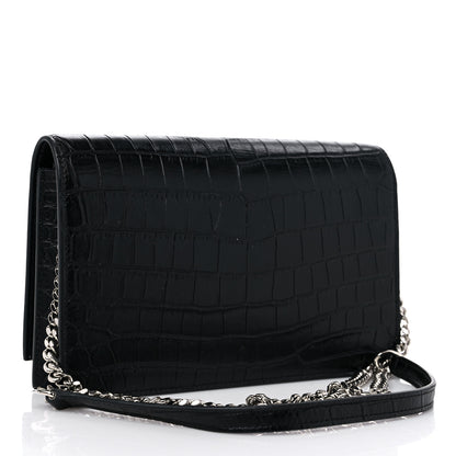 Saint Laurent Calfskin Crocodile Embossed Kate Monogram Tassel Chain Wallet Black 3 of 8