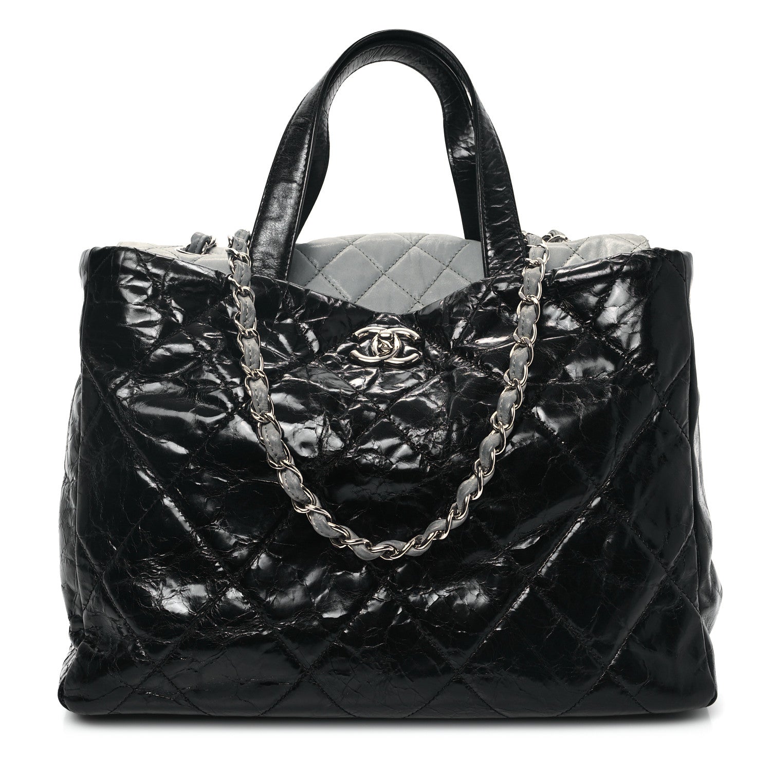 Chanel Glazed Calfskin Lambskin Quilted Portobello Tote Black Grey 1 of 11