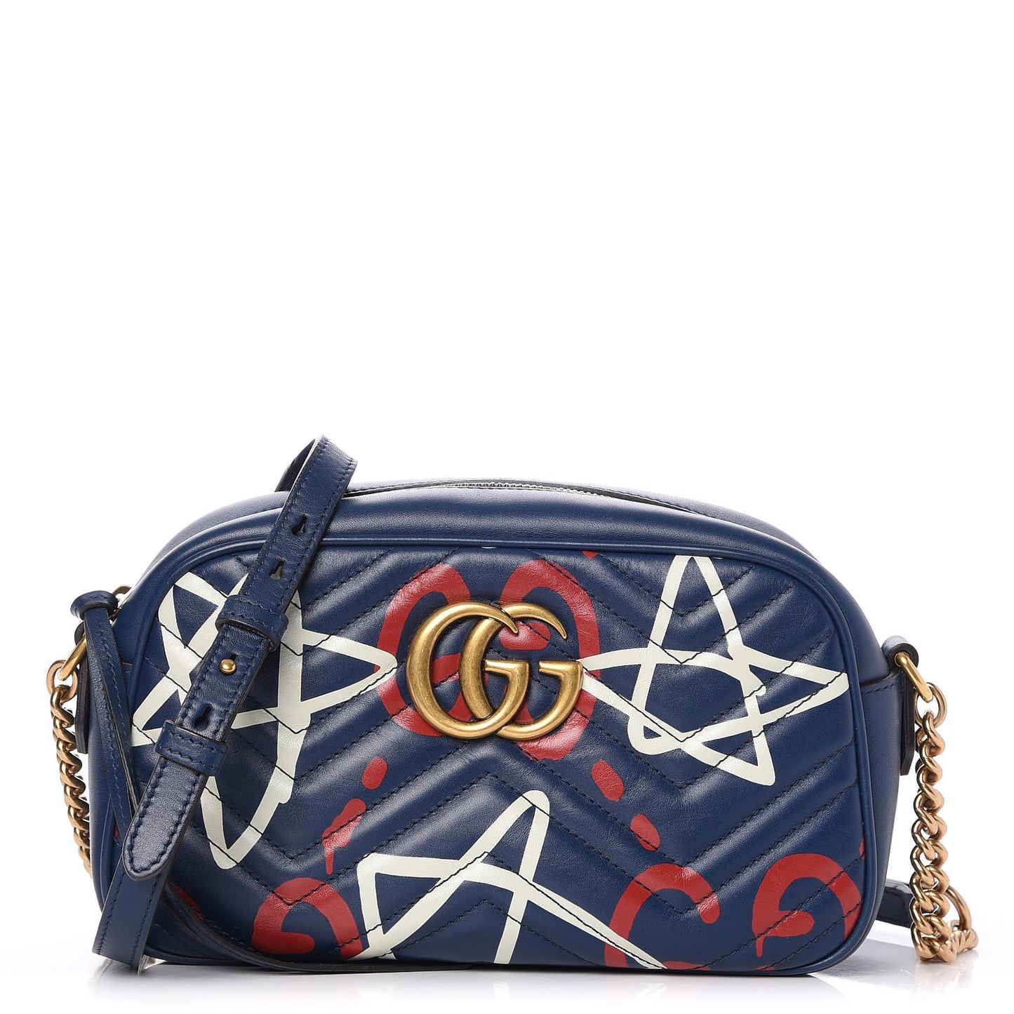 Calfskin Matelasse GucciGhost Small GG Marmont Chain Shoulder Bag Blue Agata Hibiscus Red