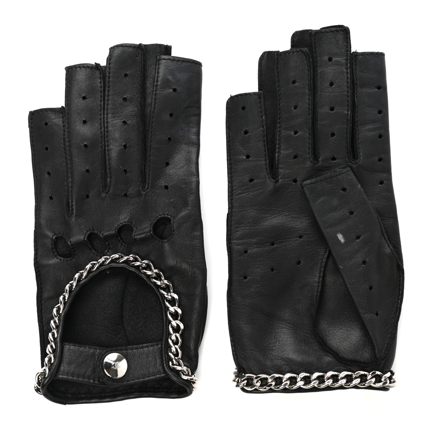 Lambskin Chain Fingerless Gloves 7 Black