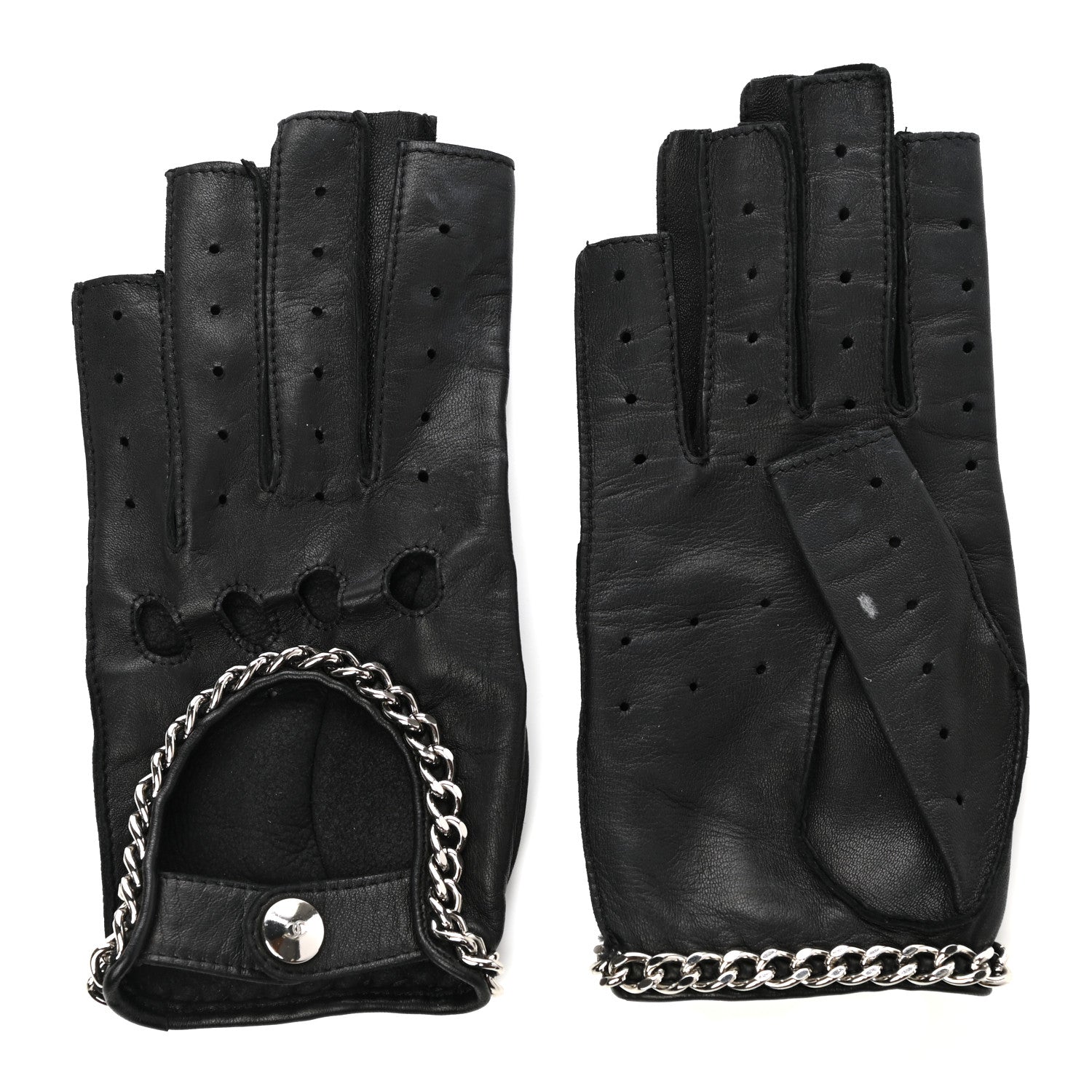 Chanel Lambskin Chain Fingerless Gloves 7 Black 2 of 6