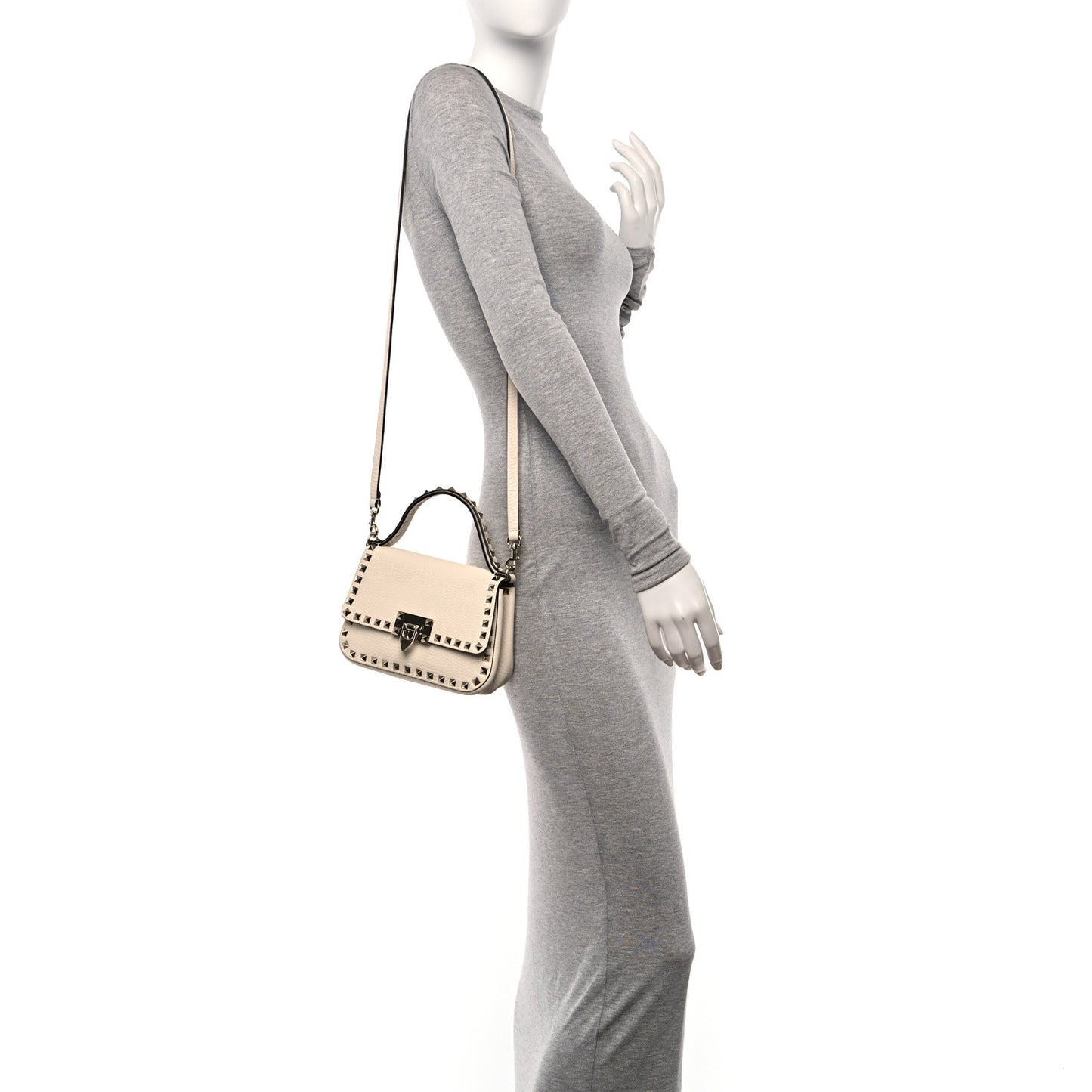 Grainy Calfskin Small Rockstud Top Handle Bag Light Ivory