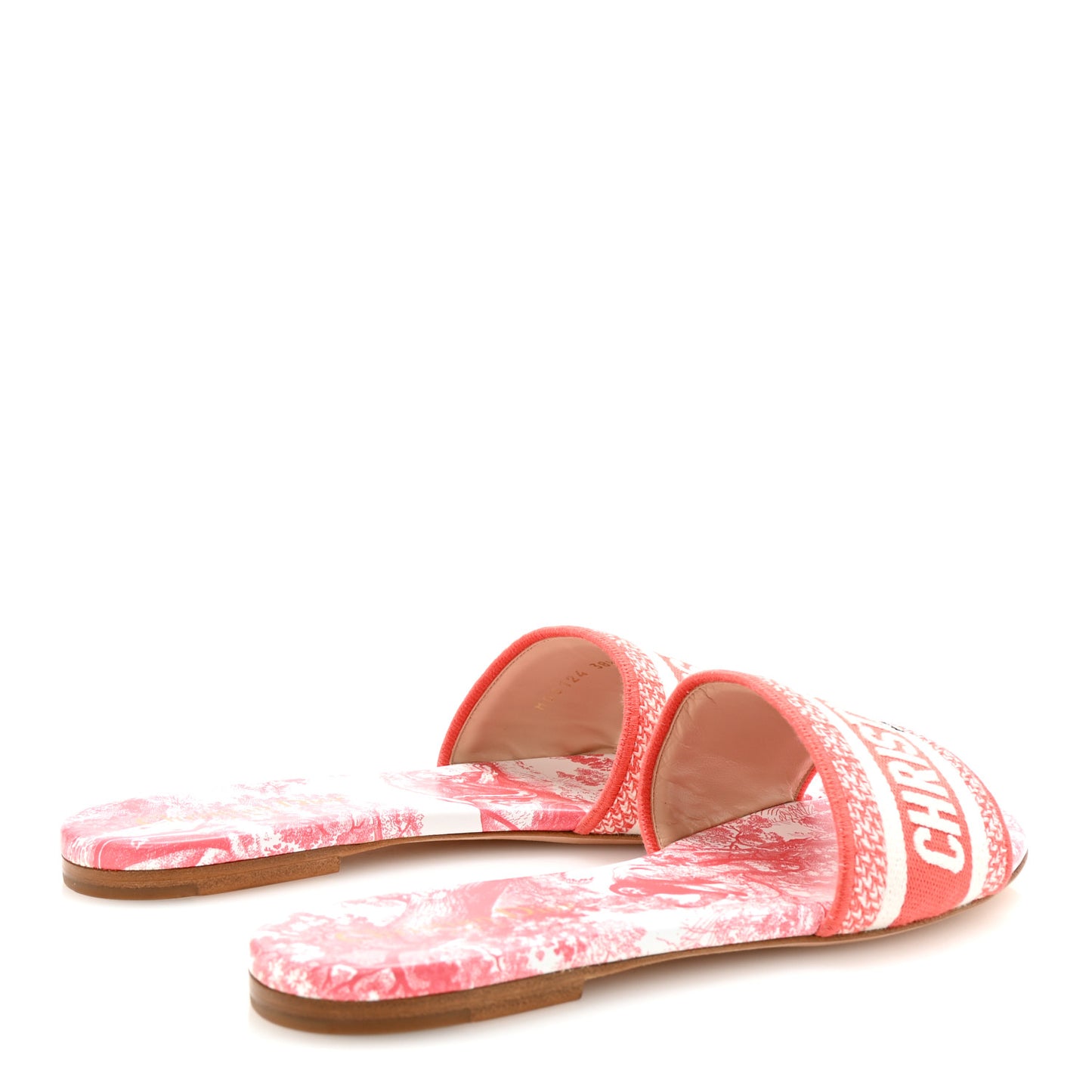 Canvas Toile De Jouy Embroidered Dway Flat Slide Sandals 38.5 Coral