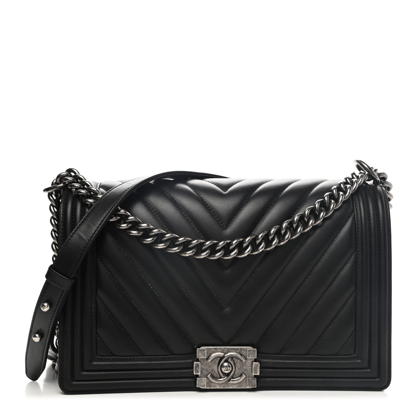 Calfskin Chevron Quilted Medium Boy Flap Black