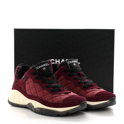 Chanel Tweed Suede Calfskin Grained Calfskin Womens CC Sneakers 37 Burgundy Black Silver 9 of 9