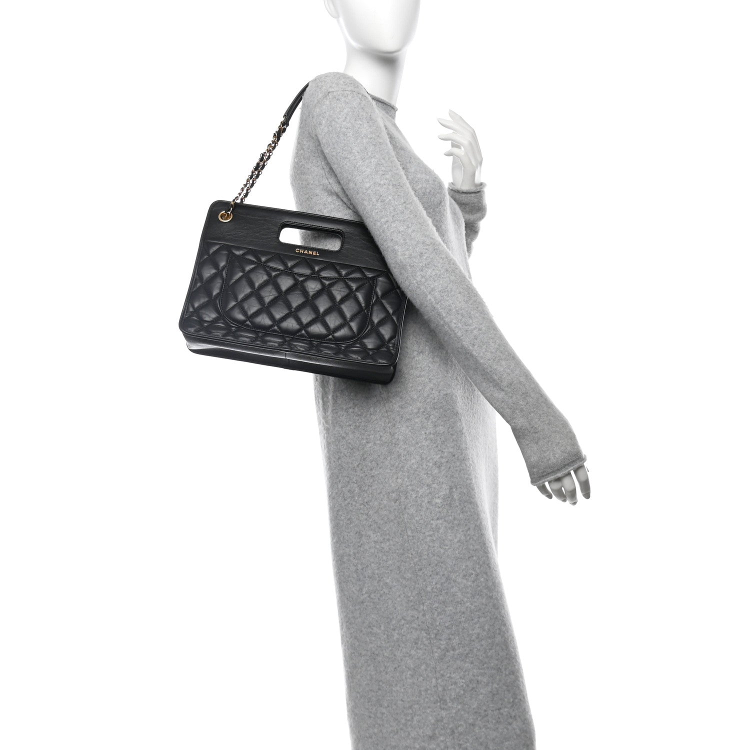 Chanel Aged Calfskin Quilted Graphic Catch Shopping Bag Black 2 of 11