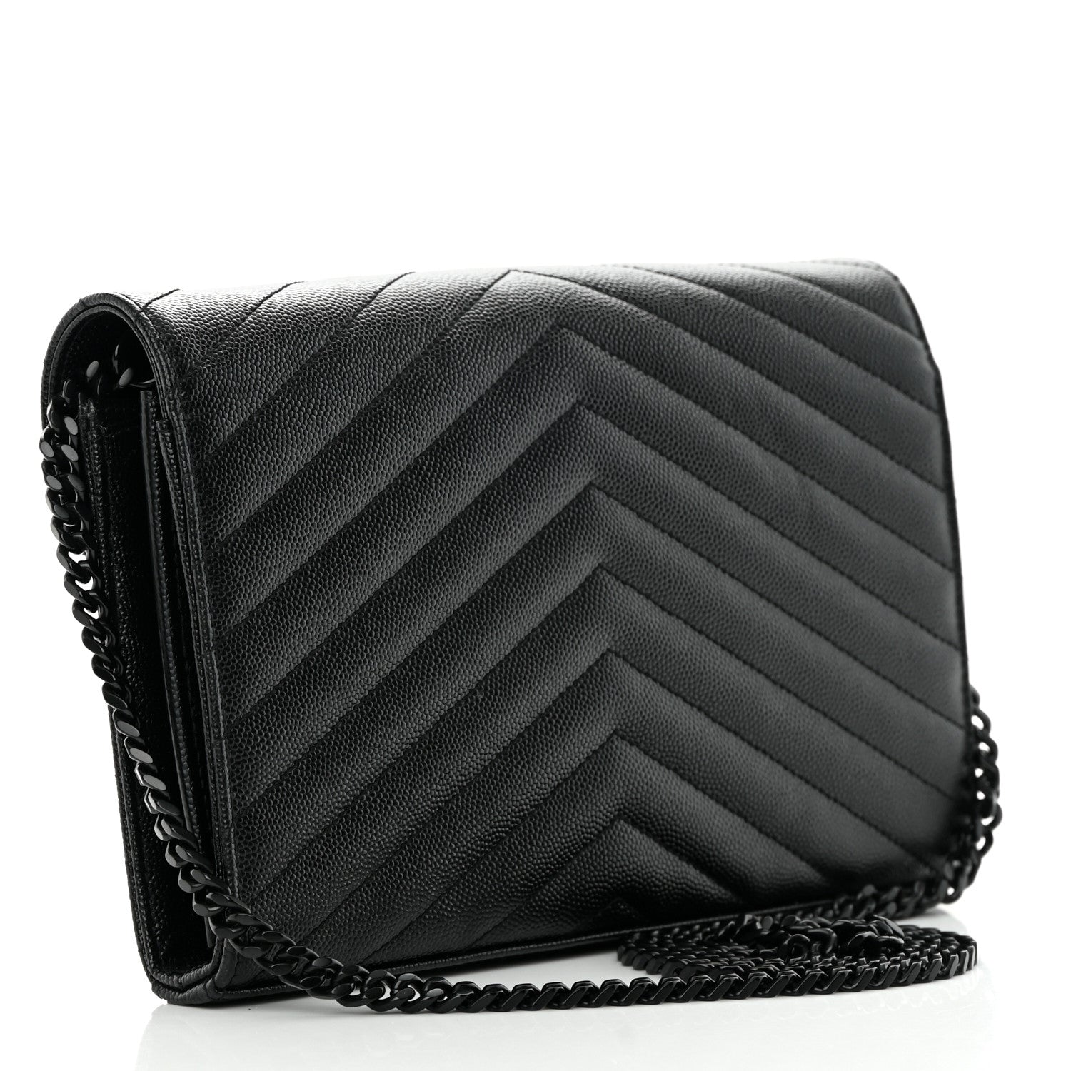 Saint Laurent Grain De Poudre Matelasse Chevron Monogram Monochrome Chain Wallet Black 3 of 13