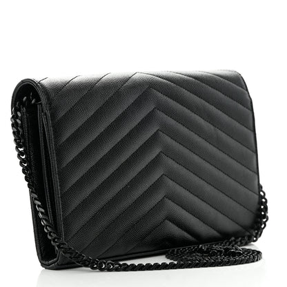 Saint Laurent Grain De Poudre Matelasse Chevron Monogram Monochrome Chain Wallet Black 3 of 13