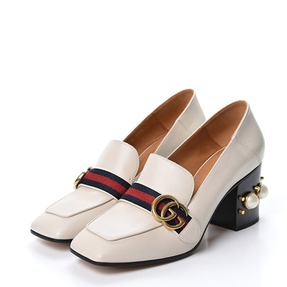 Gucci Betis Glamour Calfskin Web Pearl Embellished Peyton 75mm Loafer Pumps 39 Mystic White 3 of 10