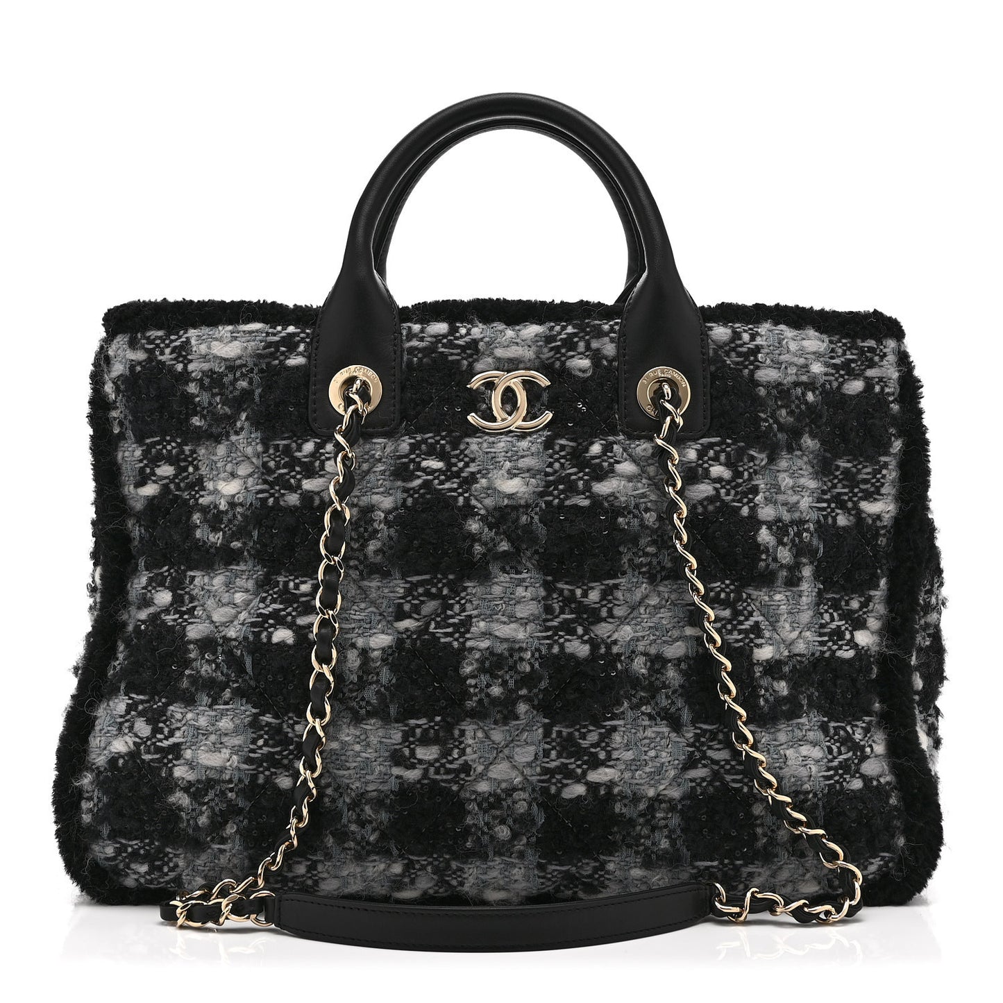 Tweed Shearling Quilted Lambskin Shopping Tote  Black Grey