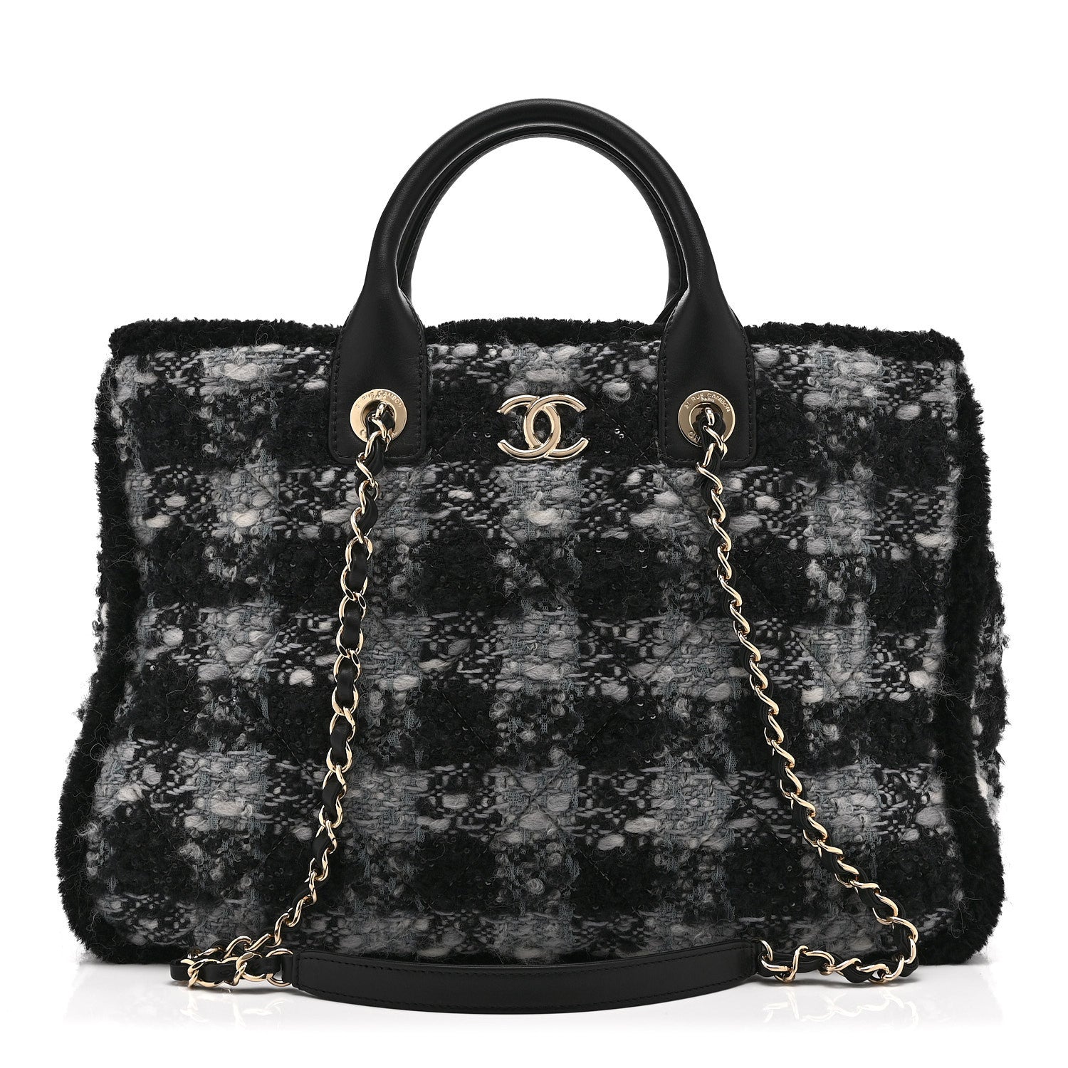 Chanel Tweed Shearling Quilted Lambskin Shopping Tote  Black Grey 1 of 10