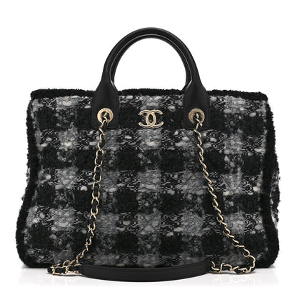 Chanel Tweed Shearling Quilted Lambskin Shopping Tote  Black Grey 1 of 10