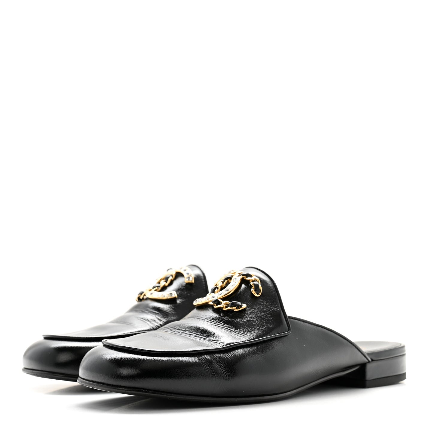 Shiny Calfskin Crystal CC Mules 40.5 Black
