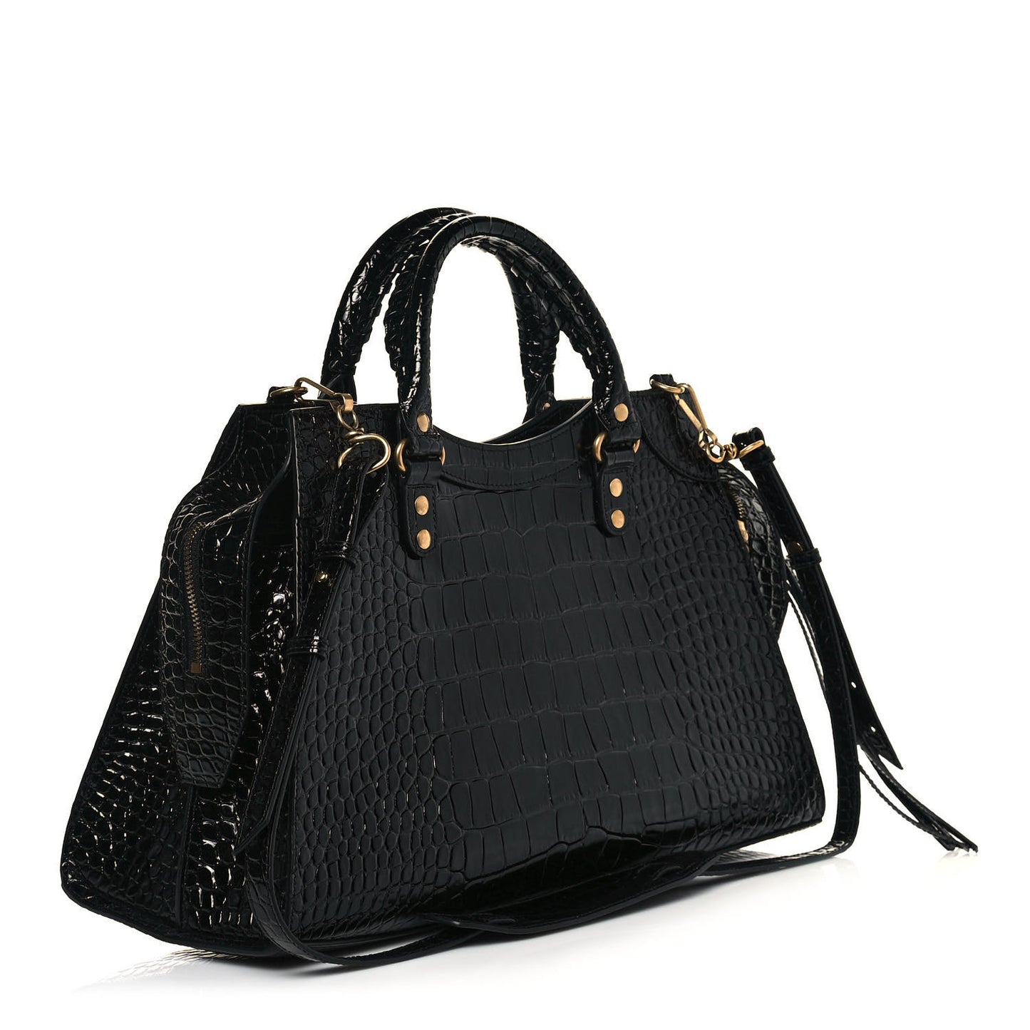 Shiny Supple Calfskin Crocodile Embossed Brass Hardware Neo Classic City Black