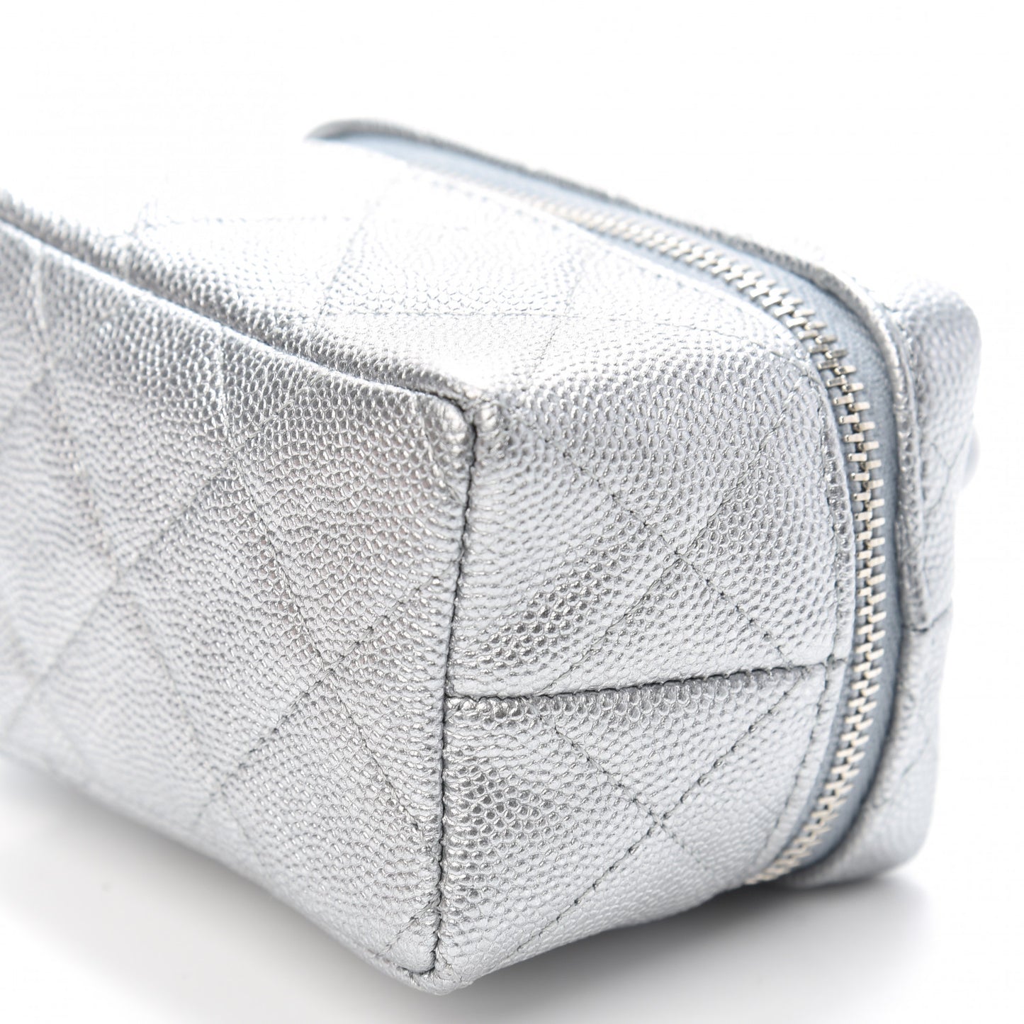 Metallic Caviar Quilted Mini Top Handle Vanity With Chain Silver