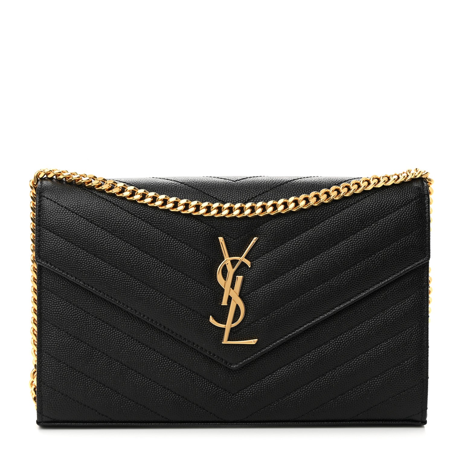 Saint Laurent Grain De Poudre Matelasse Chevron Monogram Chain Wallet Black 1 of 14