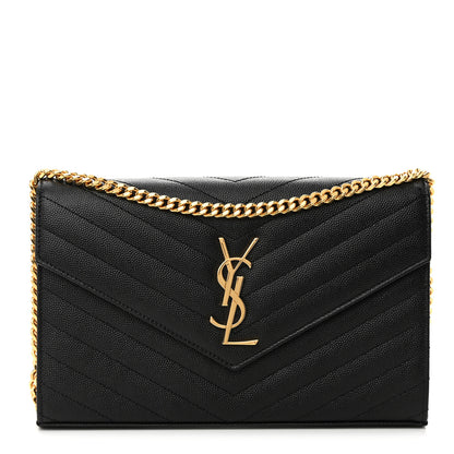 Saint Laurent Grain De Poudre Matelasse Chevron Monogram Chain Wallet Black 1 of 14