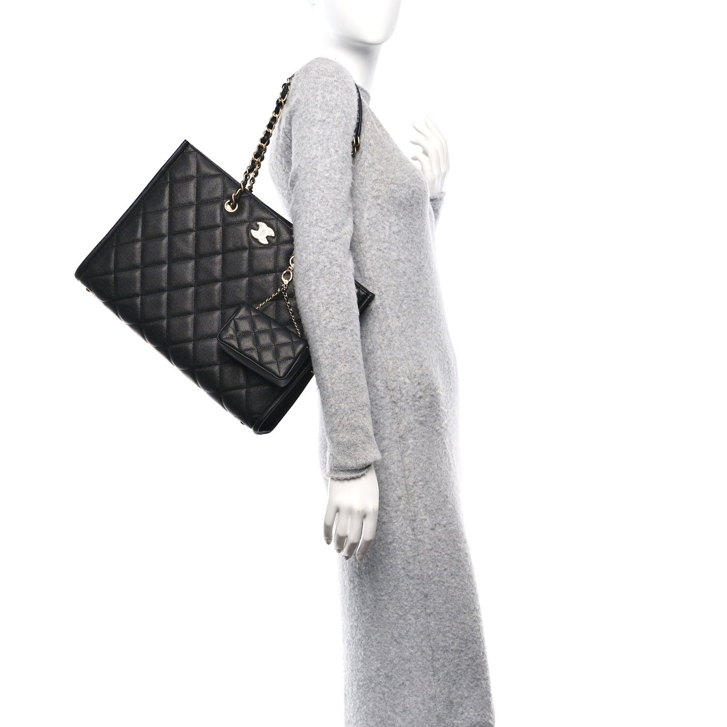 Caviar Quilted Chain Large Shopping Tote With Coin Purse Black