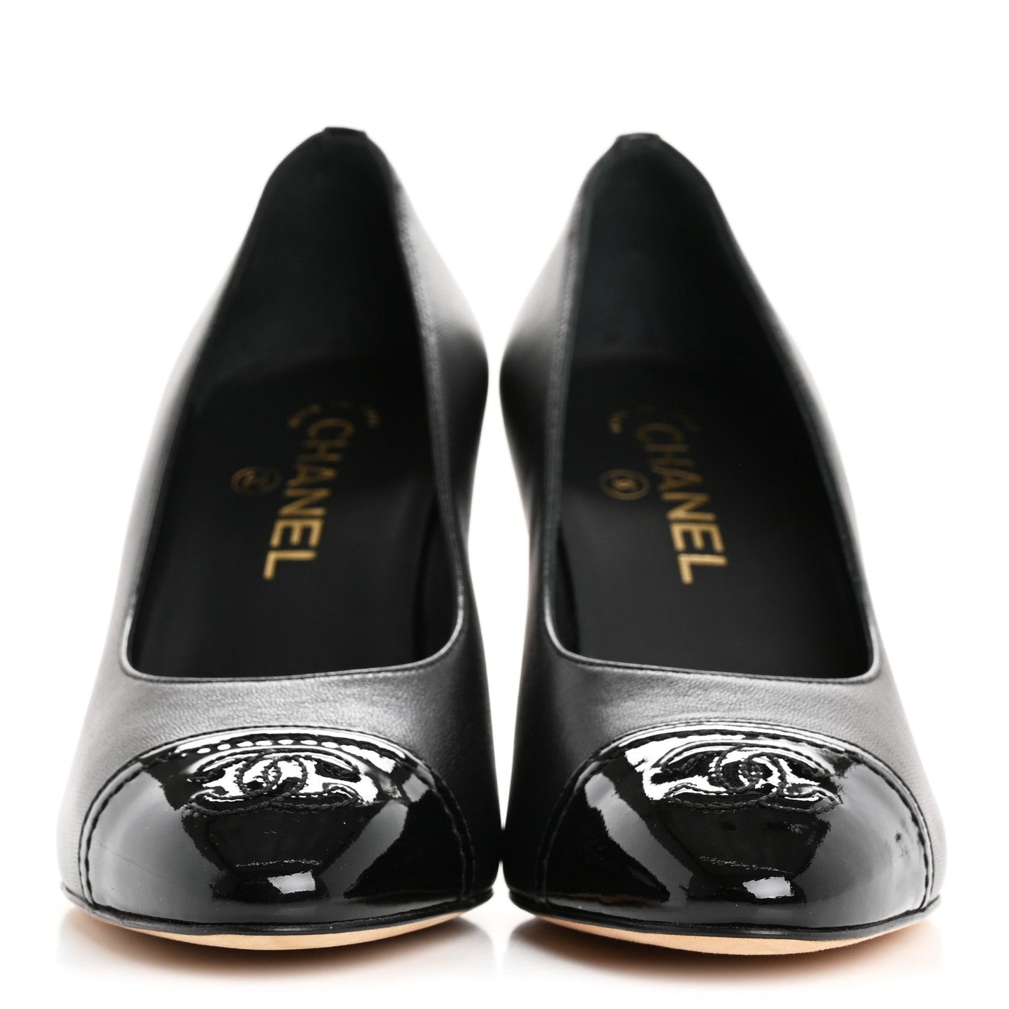 Lambskin Patent Calfskin Cap Toe CC Pumps 37 Black