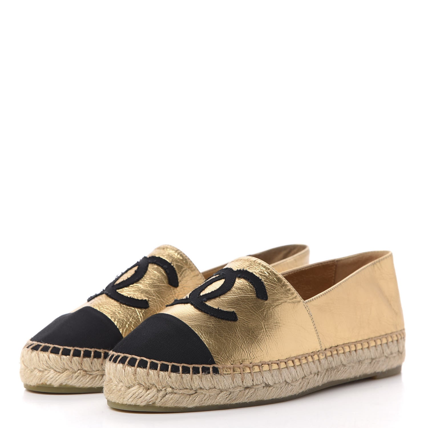 Chanel Laminated Lambskin Grosgrain CC Espadrilles 37 Gold Black 3 of 11