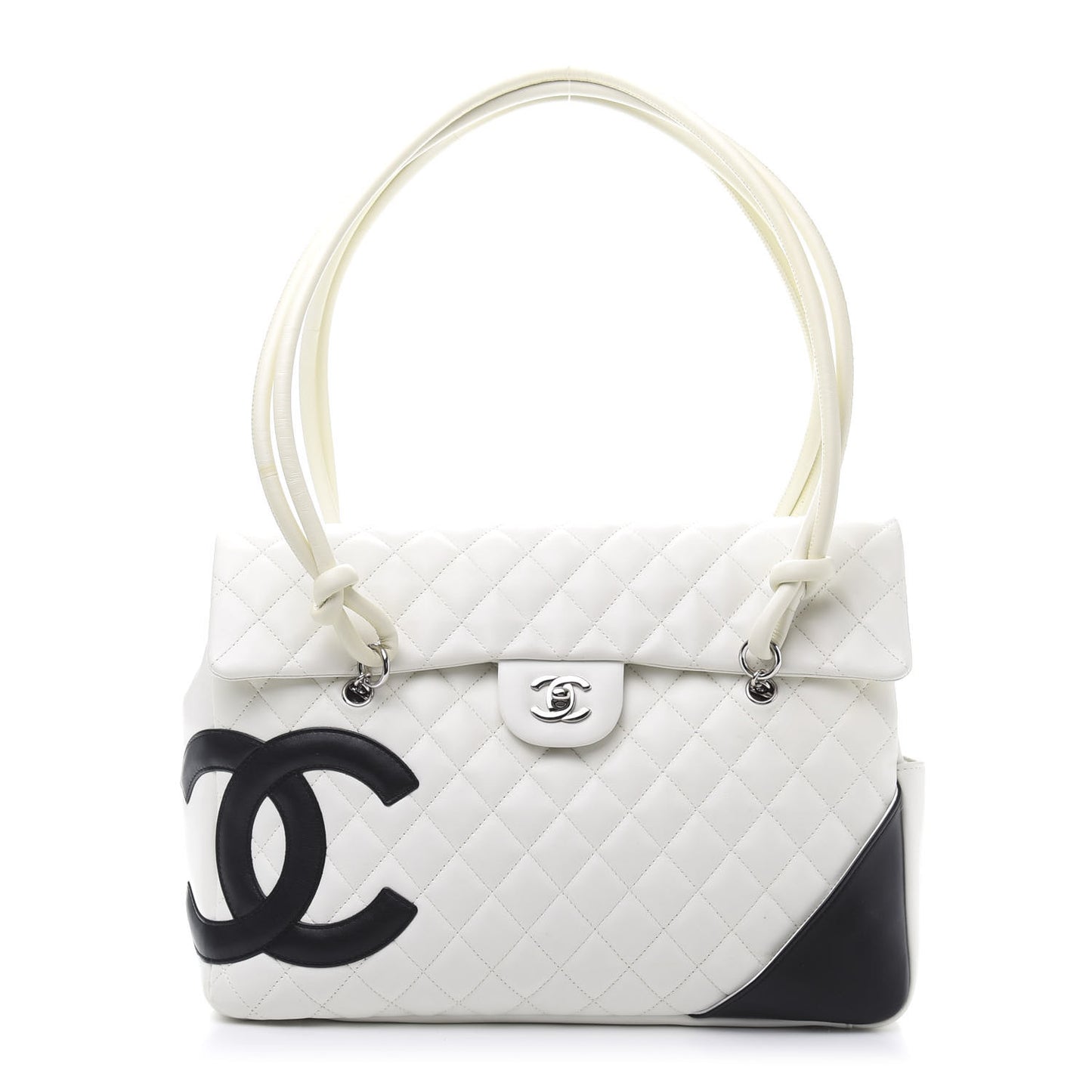Calfskin Quilted Large Cambon Flap White Black