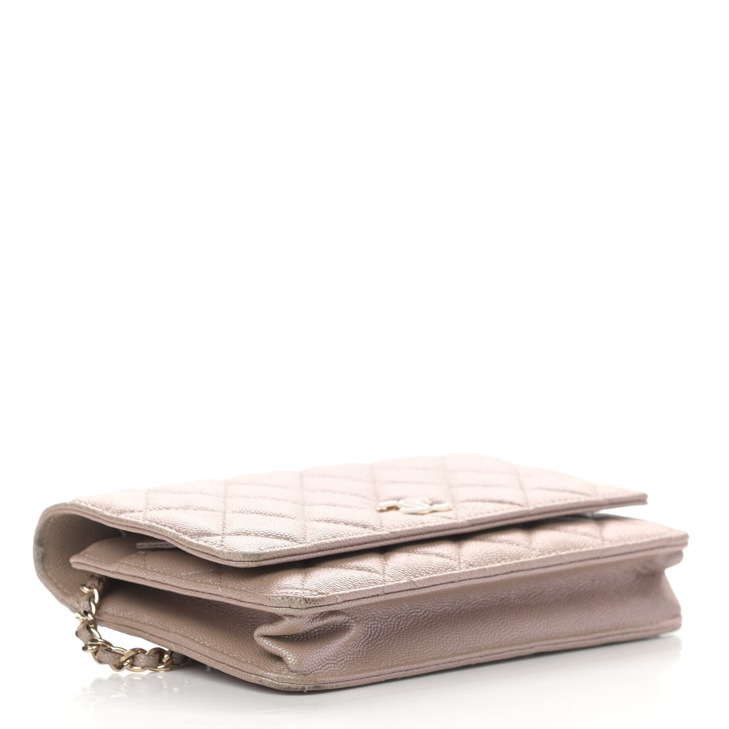 Iridescent Caviar Quilted Wallet On Chain WOC Beige