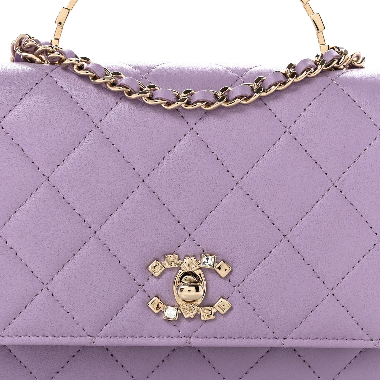 Lambskin Quilted Crystal Top Handle Clutch With Chain Light Purple
